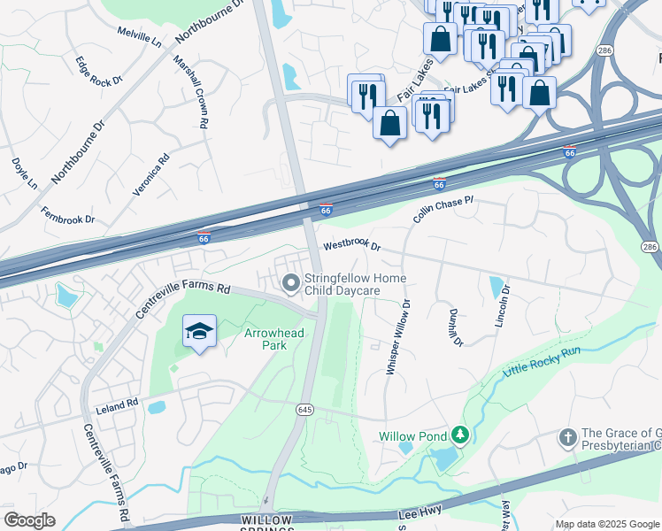 map of restaurants, bars, coffee shops, grocery stores, and more near 5027 Stringfellow Road in Fairfax