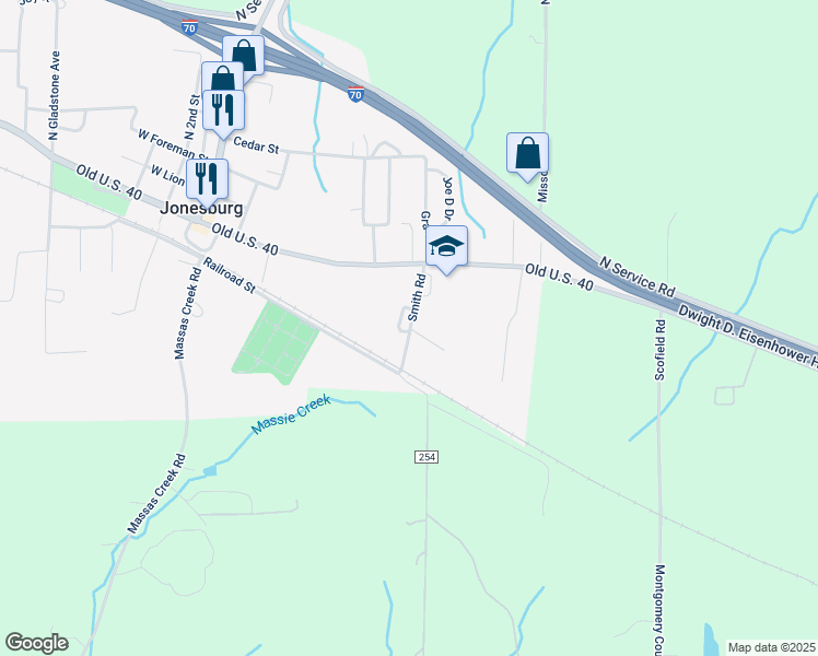 map of restaurants, bars, coffee shops, grocery stores, and more near 405 Smith Road in Jonesburg