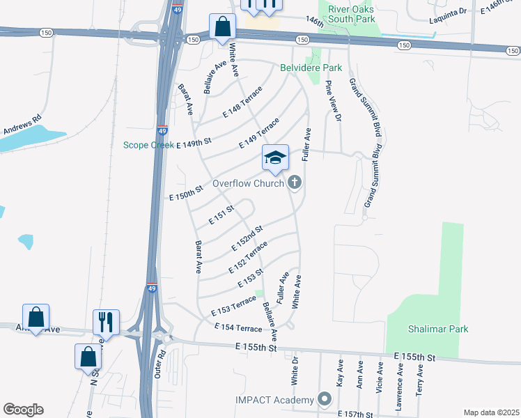 map of restaurants, bars, coffee shops, grocery stores, and more near 6109 East 151 Terrace in Grandview