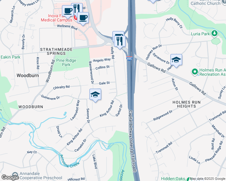 map of restaurants, bars, coffee shops, grocery stores, and more near 3436 Holly Road in Annandale