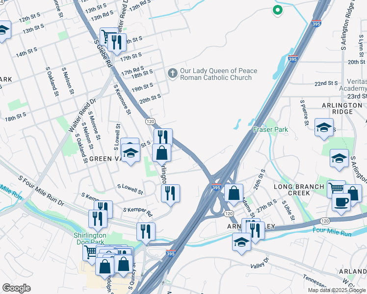 map of restaurants, bars, coffee shops, grocery stores, and more near 23rd Street South in Arlington