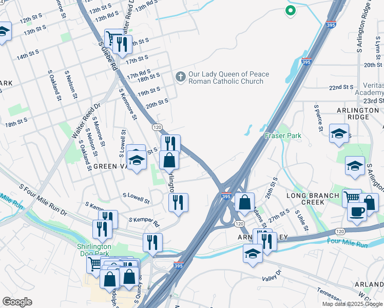 map of restaurants, bars, coffee shops, grocery stores, and more near South Glebe Road in Arlington