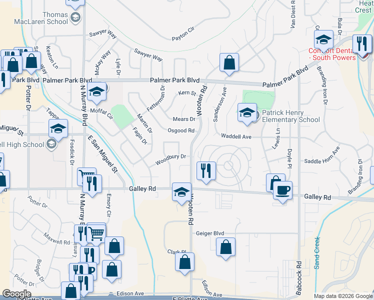 map of restaurants, bars, coffee shops, grocery stores, and more near 1114 Wooten Road in Colorado Springs