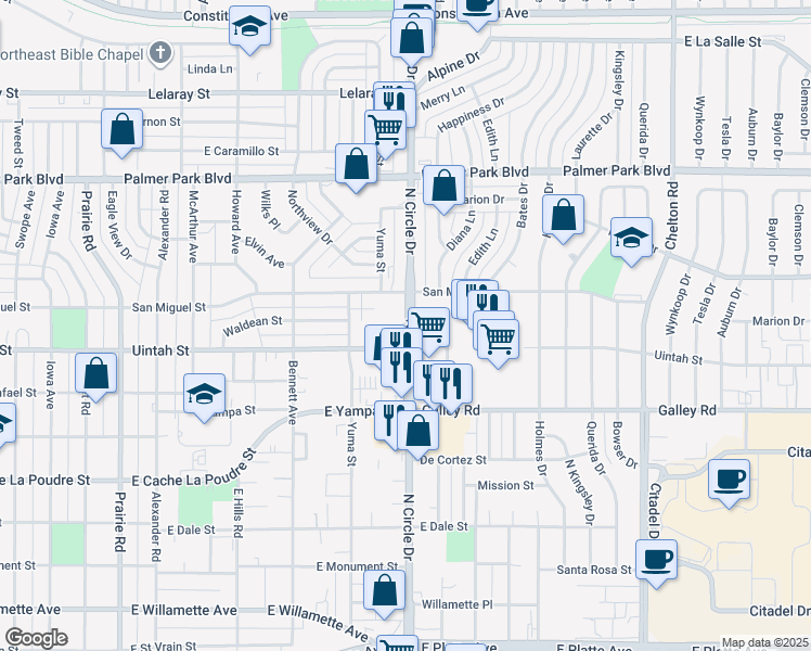 map of restaurants, bars, coffee shops, grocery stores, and more near N Street in Colorado Springs