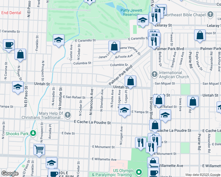 map of restaurants, bars, coffee shops, grocery stores, and more near 1317 East Uintah Street in Colorado Springs