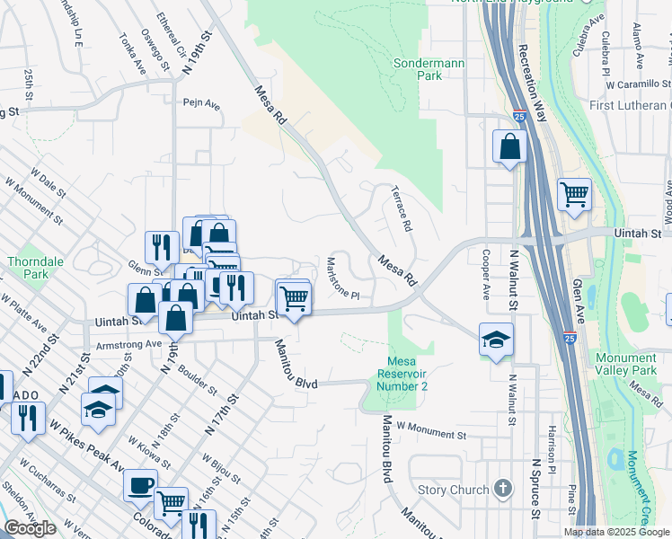 map of restaurants, bars, coffee shops, grocery stores, and more near 875 Marlstone Place in Colorado Springs