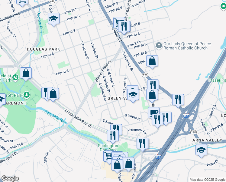 map of restaurants, bars, coffee shops, grocery stores, and more near 2122 South Monroe Street in Arlington
