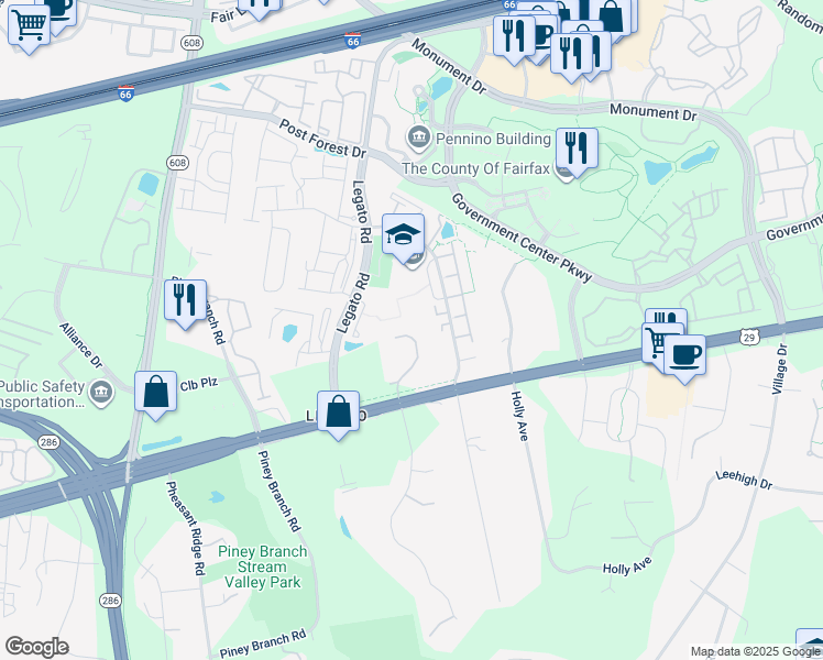 map of restaurants, bars, coffee shops, grocery stores, and more near 4629 Buckhorn Ridge in Fairfax