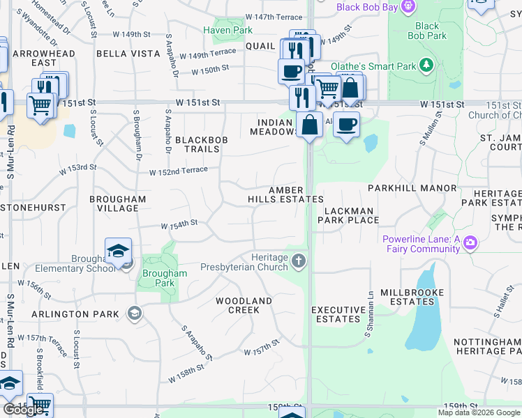 map of restaurants, bars, coffee shops, grocery stores, and more near 15160 West 153rd Terrace in Olathe