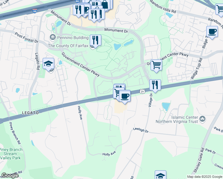 map of restaurants, bars, coffee shops, grocery stores, and more near Federalist Way in Fairfax