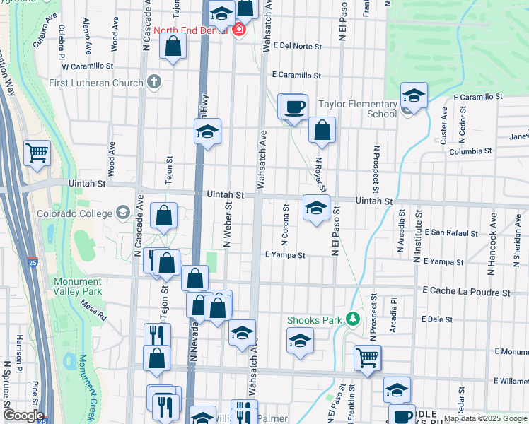 map of restaurants, bars, coffee shops, grocery stores, and more near 1115 North Wahsatch Avenue in Colorado Springs