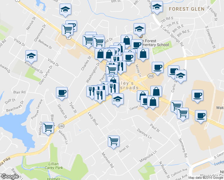 map of restaurants, bars, coffee shops, grocery stores, and more near 5813 Leesburg Pike in Falls Church
