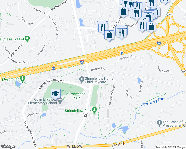 map of restaurants, bars, coffee shops, grocery stores, and more near 5027 Stringfellow Road in Fairfax