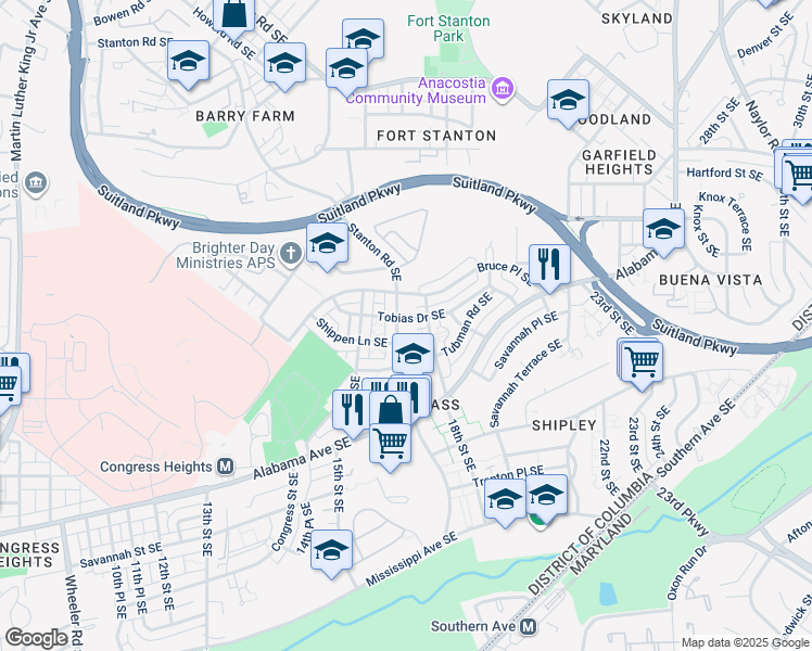 map of restaurants, bars, coffee shops, grocery stores, and more near 3200 Stanton Road Southeast in Washington