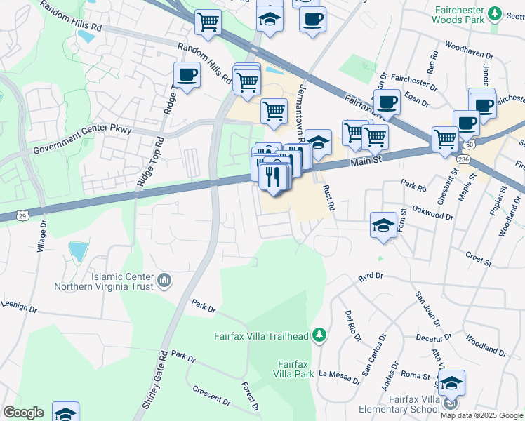 map of restaurants, bars, coffee shops, grocery stores, and more near 4227 Stackler Drive in Fairfax