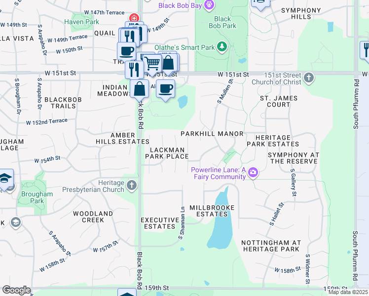 map of restaurants, bars, coffee shops, grocery stores, and more near 15386 South Shannan Lane in Olathe