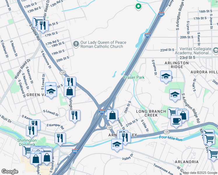 map of restaurants, bars, coffee shops, grocery stores, and more near 2325 24th Road South in Arlington