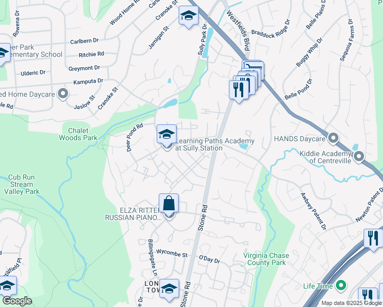 map of restaurants, bars, coffee shops, grocery stores, and more near 14606 Flower Hill Court in Centreville
