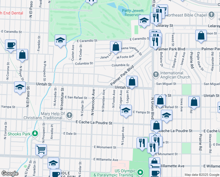 map of restaurants, bars, coffee shops, grocery stores, and more near 1317 East Uintah Street in Colorado Springs