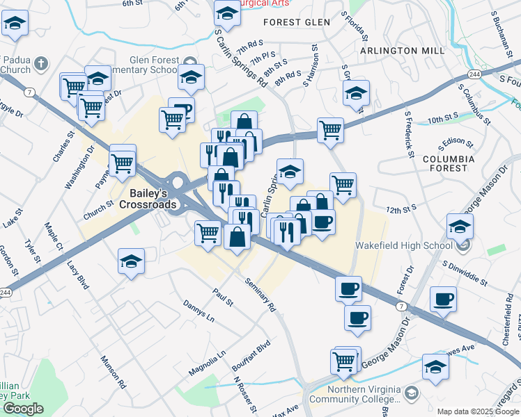map of restaurants, bars, coffee shops, grocery stores, and more near 3512 Carlin Springs Road in Bailey's Crossroads