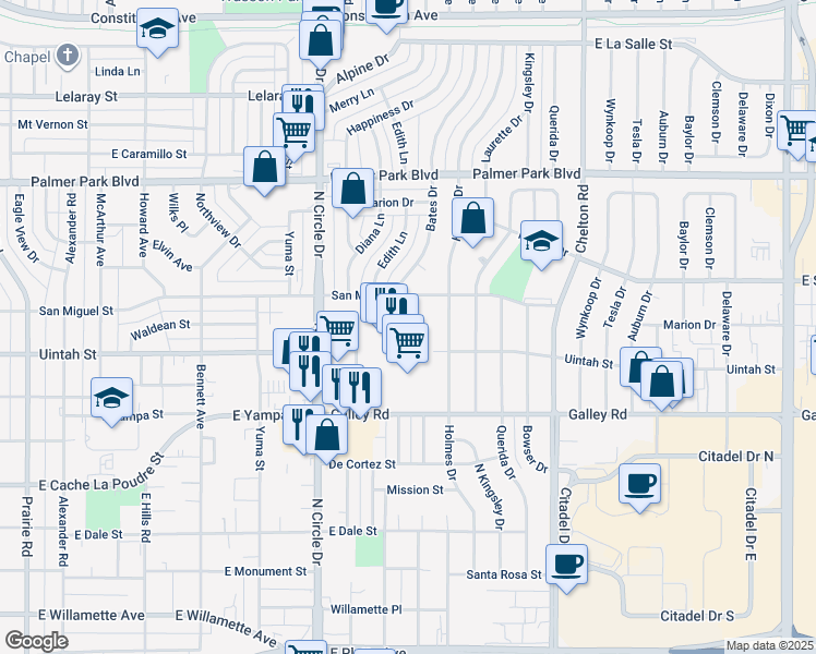 map of restaurants, bars, coffee shops, grocery stores, and more near 1223 North Circle Drive in Colorado Springs