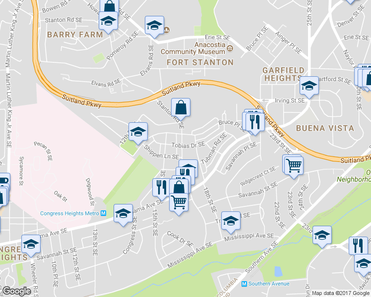 map of restaurants, bars, coffee shops, grocery stores, and more near 3200 Stanton Road Southeast in Washington