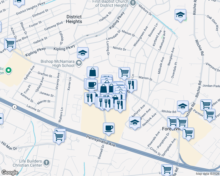map of restaurants, bars, coffee shops, grocery stores, and more near 7000 Marlboro Pike in Forestville