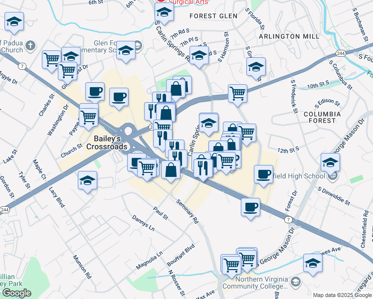 map of restaurants, bars, coffee shops, grocery stores, and more near 3512 Carlin Springs Road in Bailey's Crossroads