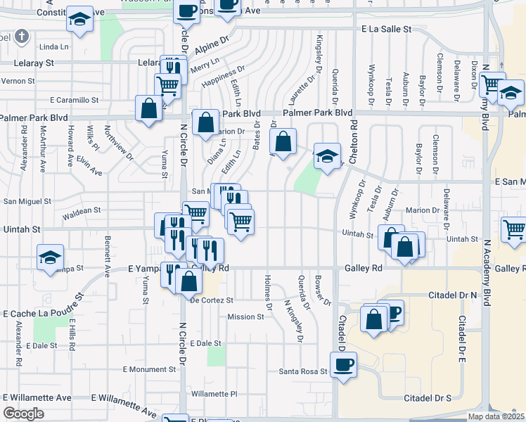 map of restaurants, bars, coffee shops, grocery stores, and more near 1219 Holmes Drive in Colorado Springs