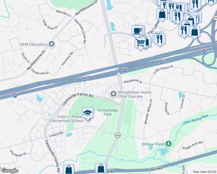 map of restaurants, bars, coffee shops, grocery stores, and more near 5001 Greenhouse Terrace in Centreville