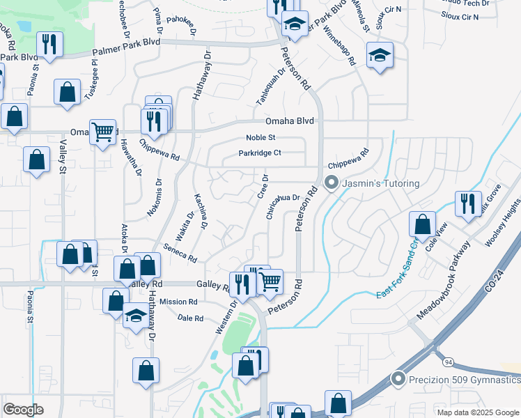 map of restaurants, bars, coffee shops, grocery stores, and more near 1263 Cree Drive in Colorado Springs