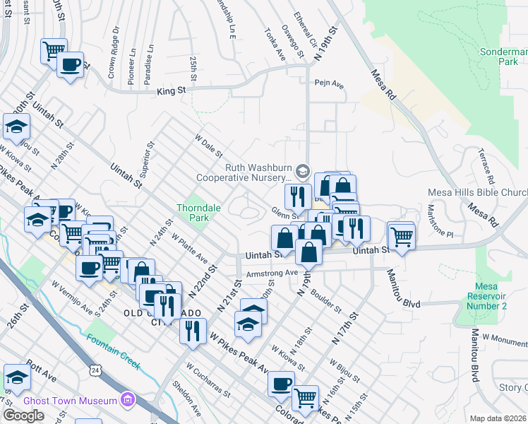 map of restaurants, bars, coffee shops, grocery stores, and more near 2238 Stepping Stones Way in Colorado Springs