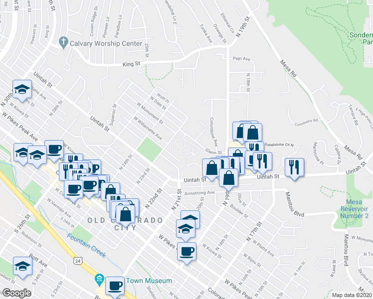 map of restaurants, bars, coffee shops, grocery stores, and more near 2238 Stepping Stones Way in Colorado Springs
