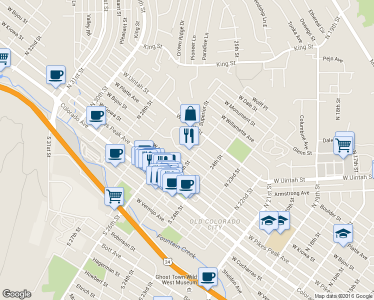 map of restaurants, bars, coffee shops, grocery stores, and more near 2507 Glen View Avenue in Colorado Springs