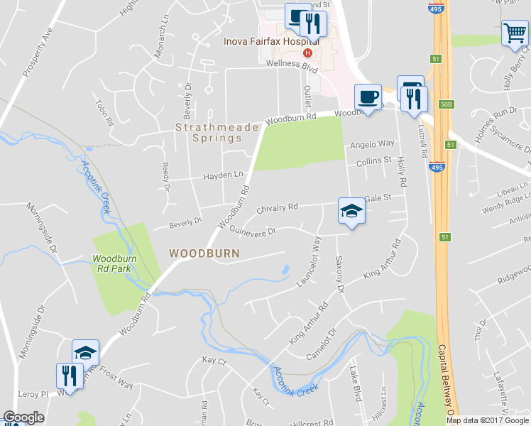map of restaurants, bars, coffee shops, grocery stores, and more near 8301 Chivalry Road in Annandale
