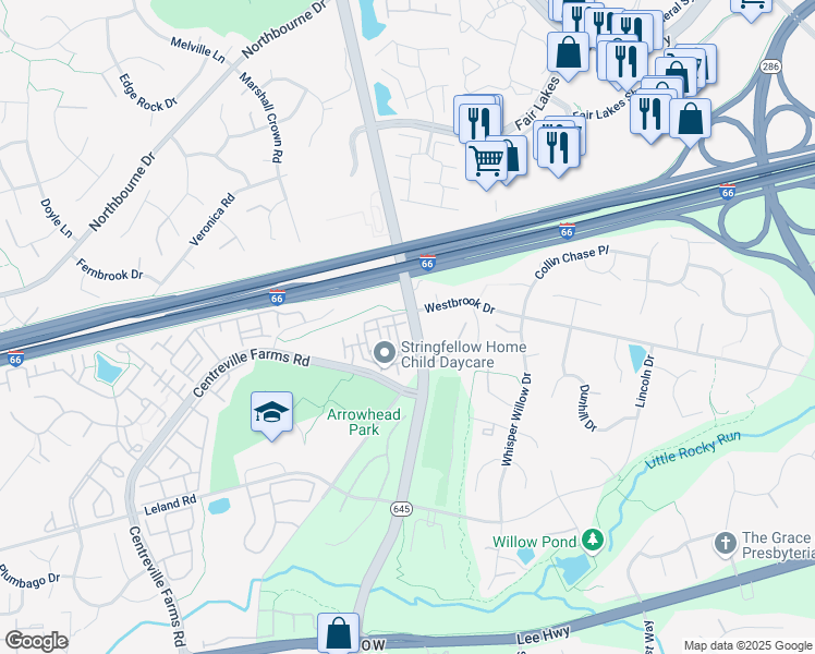 map of restaurants, bars, coffee shops, grocery stores, and more near 5019 Village Fountain Place in Centreville