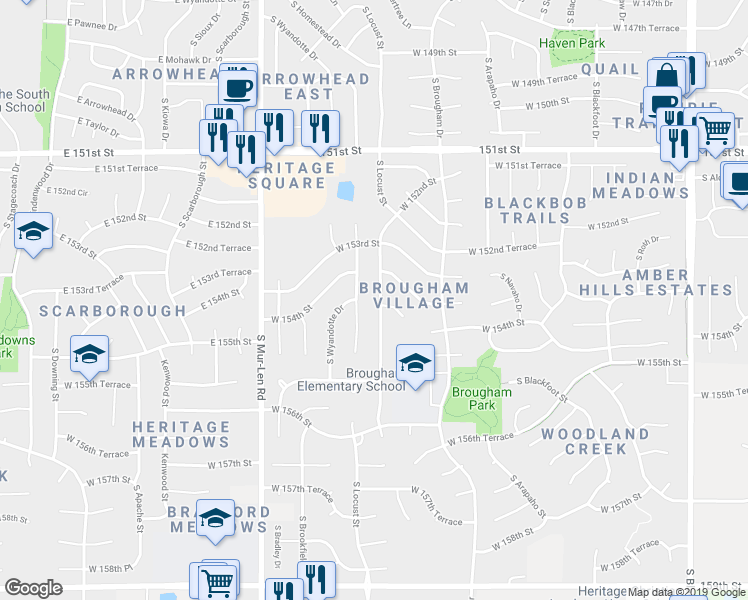 map of restaurants, bars, coffee shops, grocery stores, and more near 15338 South Summertree Lane in Olathe