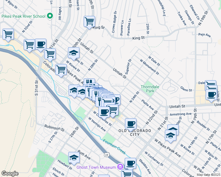 map of restaurants, bars, coffee shops, grocery stores, and more near 2529 West Bijou Street in Colorado Springs