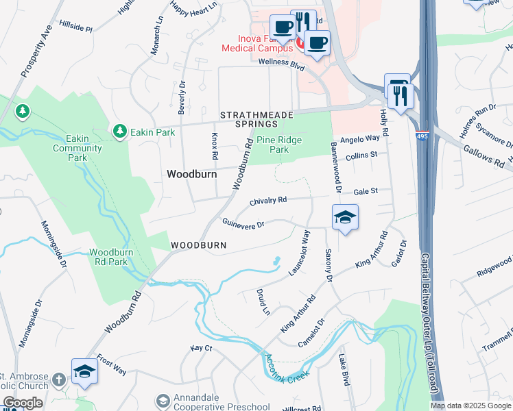map of restaurants, bars, coffee shops, grocery stores, and more near 8301 Chivalry Road in Annandale