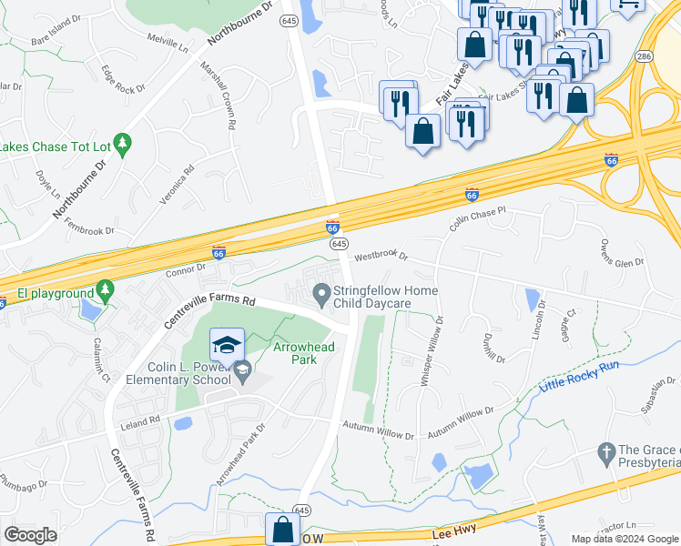 map of restaurants, bars, coffee shops, grocery stores, and more near 5019 Village Fountain Place in Centreville