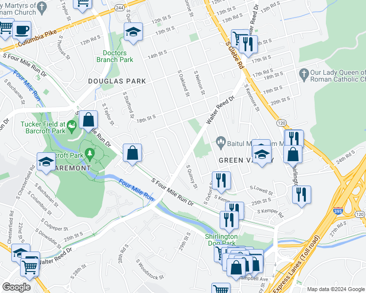 map of restaurants, bars, coffee shops, grocery stores, and more near 2017 South Quincy Street in Arlington