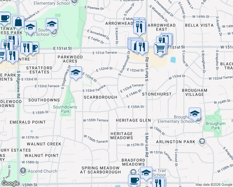 map of restaurants, bars, coffee shops, grocery stores, and more near 2023 S Scarborough St in Olathe