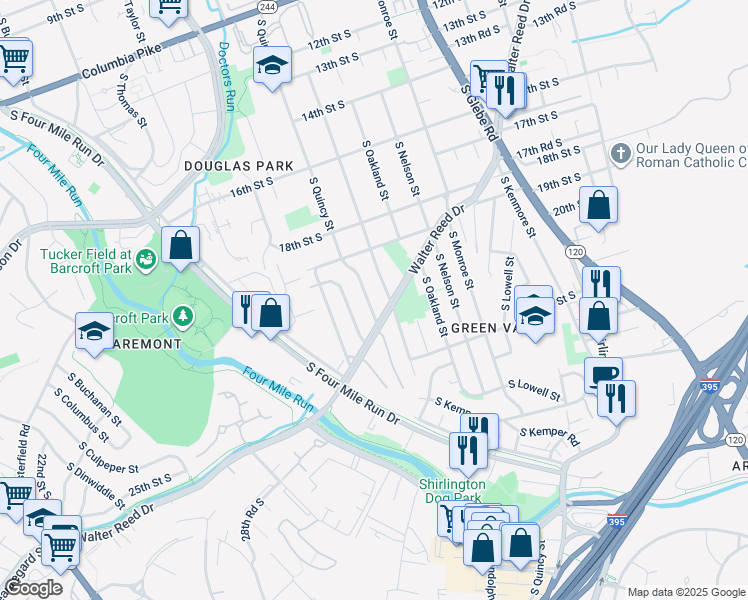 map of restaurants, bars, coffee shops, grocery stores, and more near 2017 South Quincy Street in Arlington
