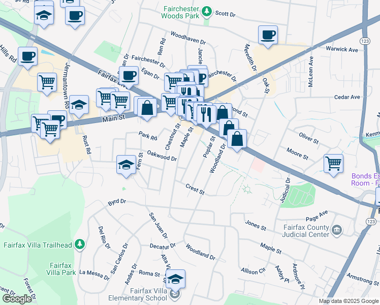 map of restaurants, bars, coffee shops, grocery stores, and more near 4022 Hallman Street in Fairfax