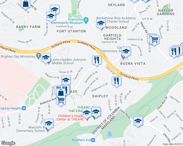 map of restaurants, bars, coffee shops, grocery stores, and more near 2004 Savannah Place Southeast in Washington