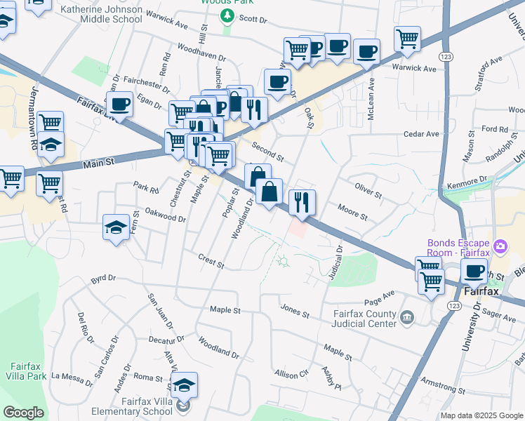 map of restaurants, bars, coffee shops, grocery stores, and more near 10805 Virginia 236 in Fairfax