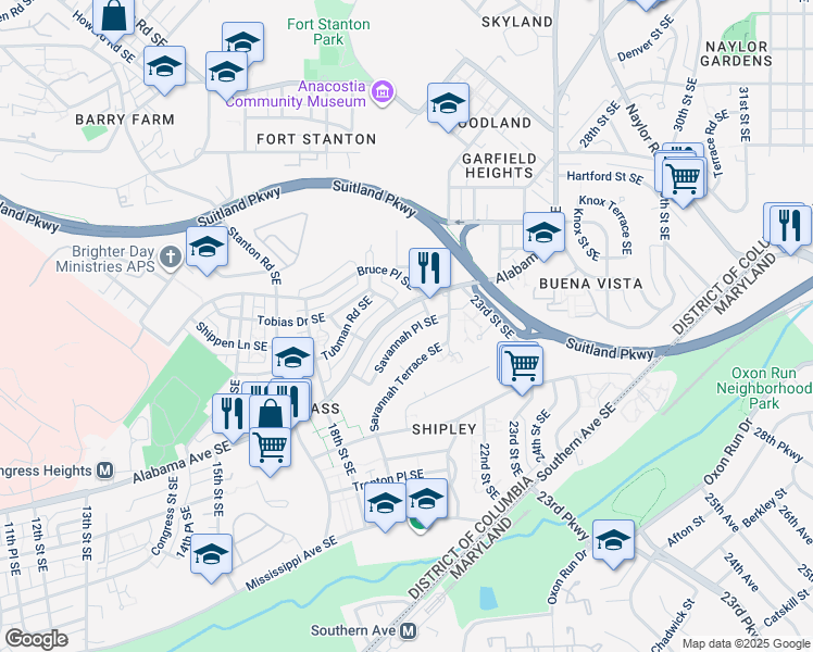 map of restaurants, bars, coffee shops, grocery stores, and more near 2004 Savannah Place Southeast in Washington