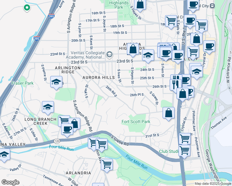 map of restaurants, bars, coffee shops, grocery stores, and more near 1007 26th Road South in Arlington