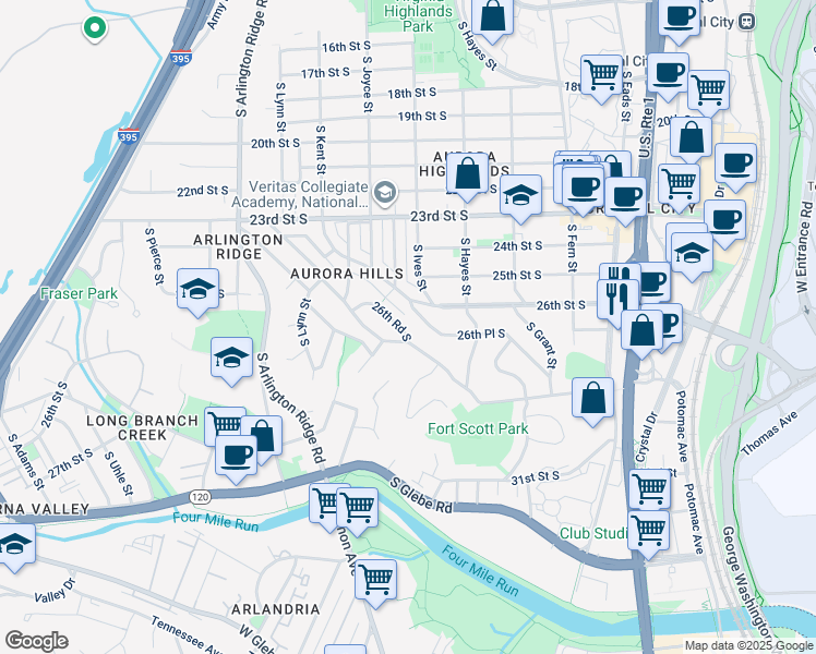 map of restaurants, bars, coffee shops, grocery stores, and more near 1007 26th Road South in Arlington