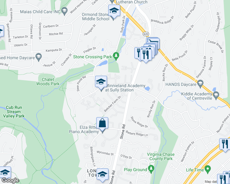map of restaurants, bars, coffee shops, grocery stores, and more near 14612 Flower Hill Court in Centreville